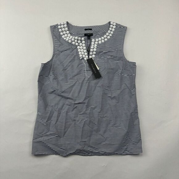 NWT Talbots Blue White Striped Beaded Sleeveless Blouse Tank Size 4P Stretch - Picture 2 of 12